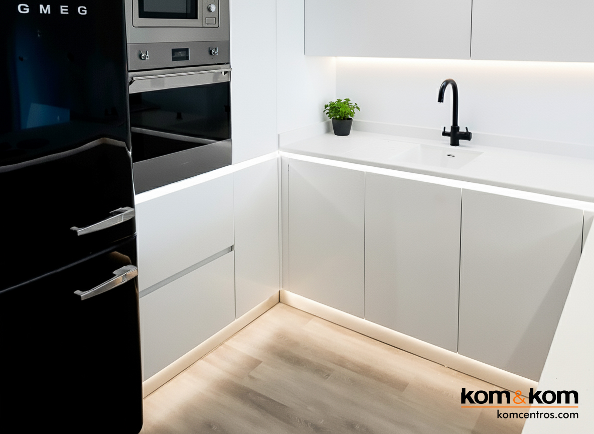 Cocina de personal total white moderna y minimalista, con módulos sin tiradores, horno y microondas en columna, e iluminación LED integrada.